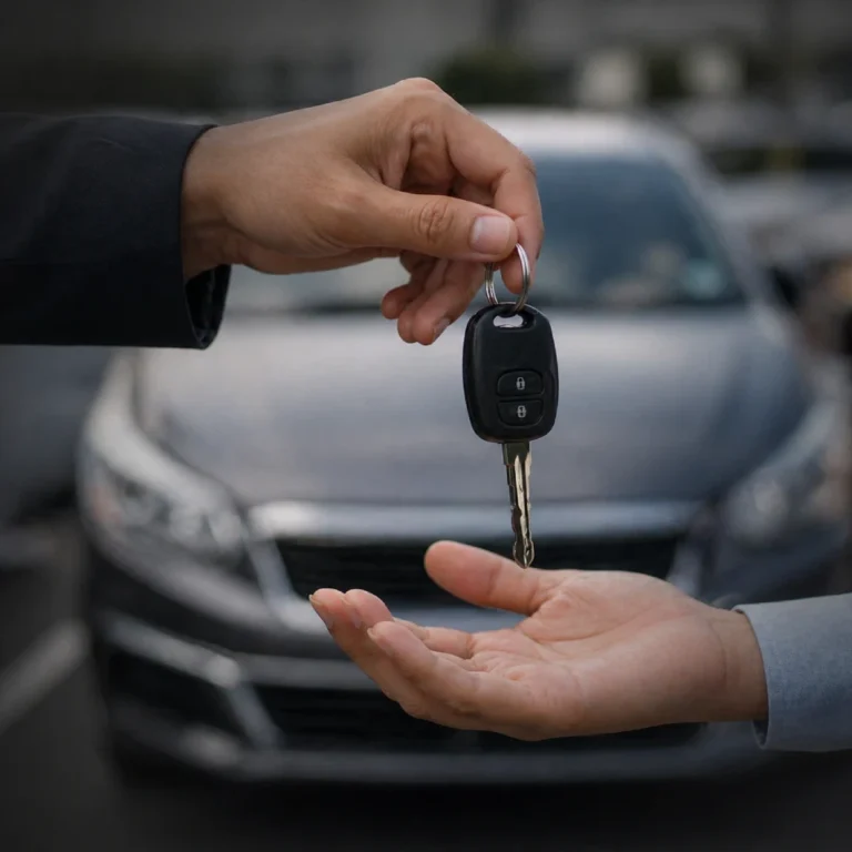 Two people exchange car keys in front of a car, one handing the key ring to the other