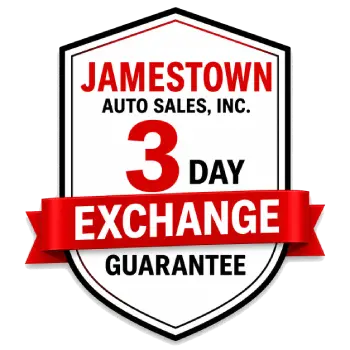 Logo for Jamestown Auto Sales, Inc., featuring a shield with a red ribbon reading '3 Day Exchange Guarantee'.