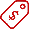 Red price tag icon with a dollar sign, indicating price or sale
